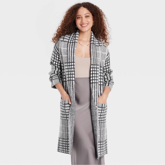a new day Sweaters - Plaid Open-Front Cardigan A New Day XS S Coat Coatigan Sweater Black Gray White